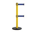 Montour Line Retractable Belt Dbl Rolling Stanchion, 2.5ft Yellow Post  7.5ft Bk/Bl MSE630D-YW-BBH-75